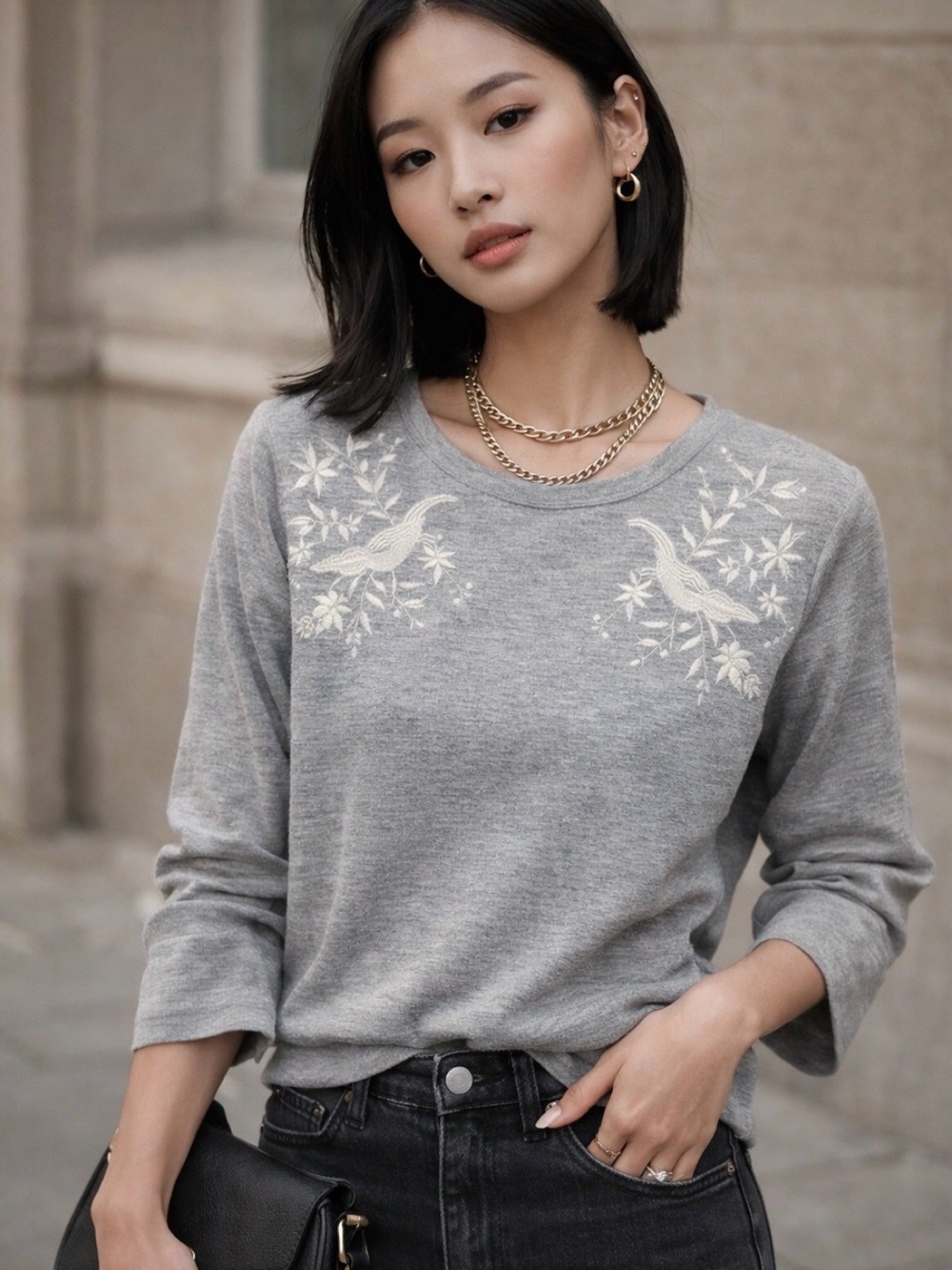 LOFT New Gray Embroidered Floral Long Sleeve Top S 4-6 Shirt Cottagecore